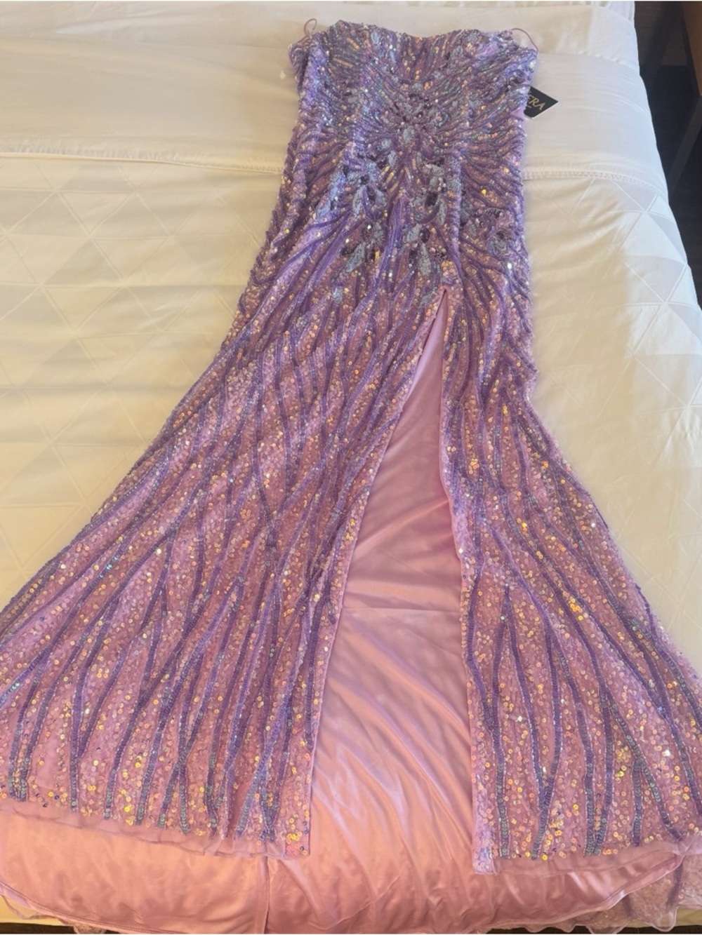Lavender Sequin Strapless Evening Gown